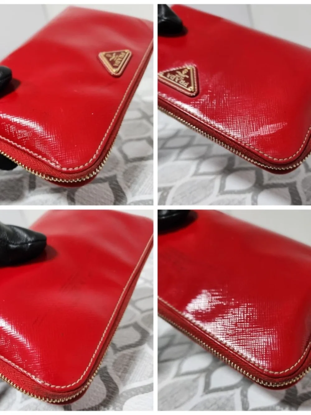 Authentic PRADA Patent Saffiano Triangle Large Zip Around Travel Wallet Red